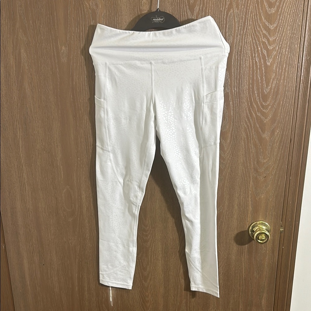 Athletic Leggings White Snakeskin Print High Waist Activewear Pockets‎